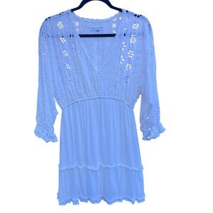 Coco + Jamison White Eyelet Boho Cotton Mini Dress, 3/4 Sleeve V-Neck, Size L
